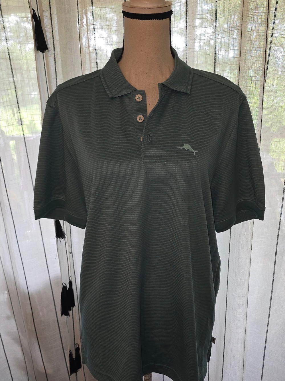 Tommy Bahama Men's Green Micro-Stripe Polo with Marlin Logo